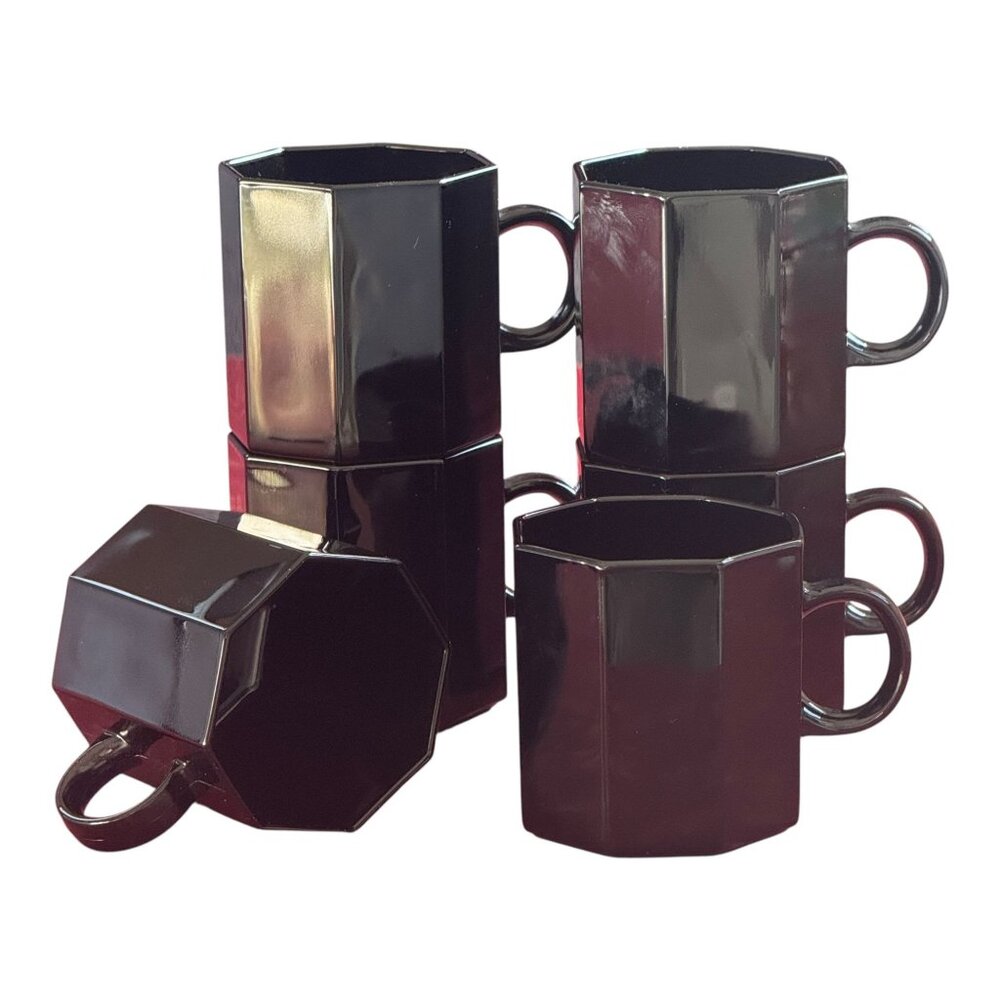 Arcoroc Octime‎ Mugs Black Set 6 Tempered Glass Octagonal Made in France Coffee